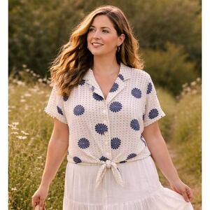 ModCloth Womens Linen Blend Wisely Tied Button Up Top Sz L Cottagecore Feminine